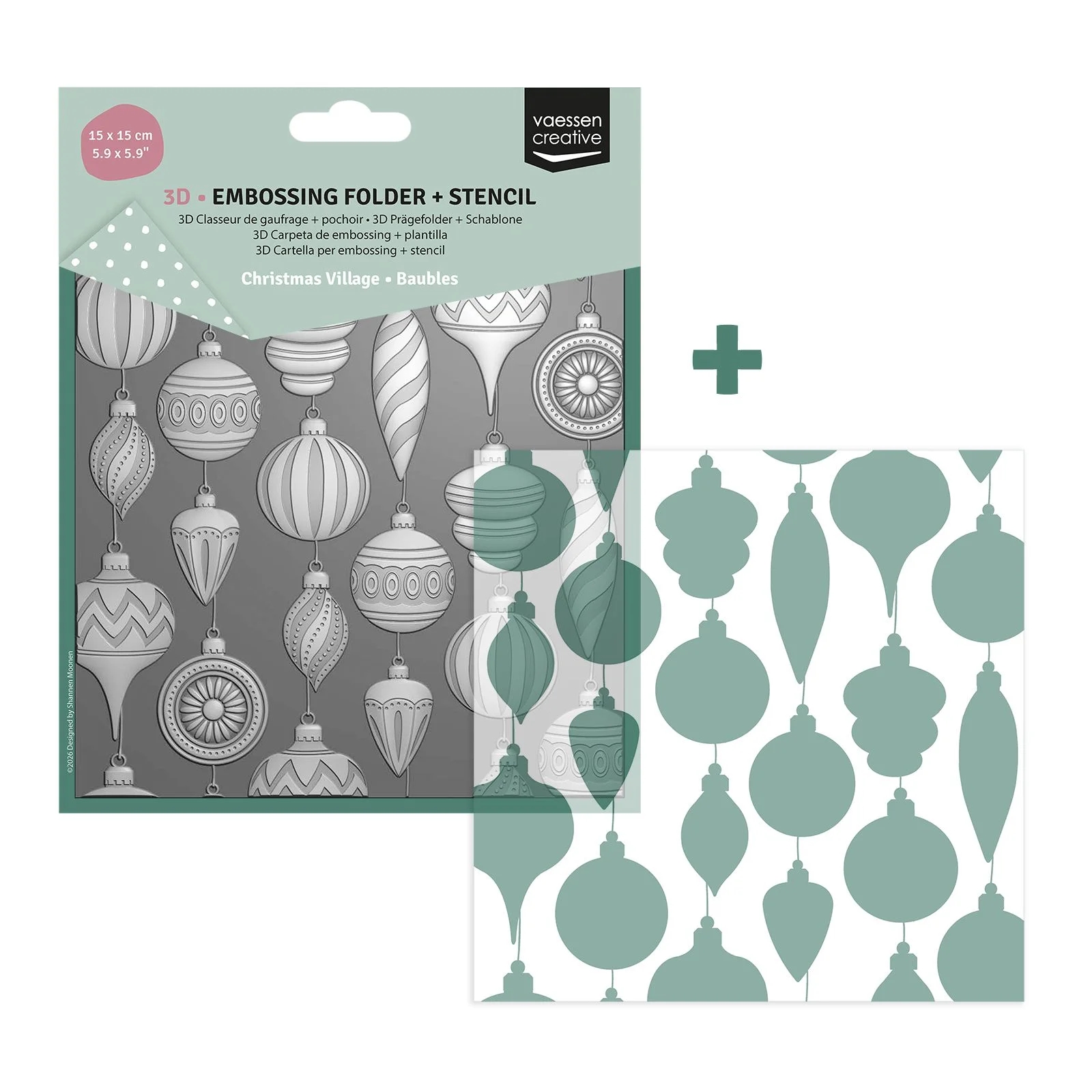 NEW Vaessen Creative 3D Embossing Folder + Stencil Christmas Baubles 5.9x5.9