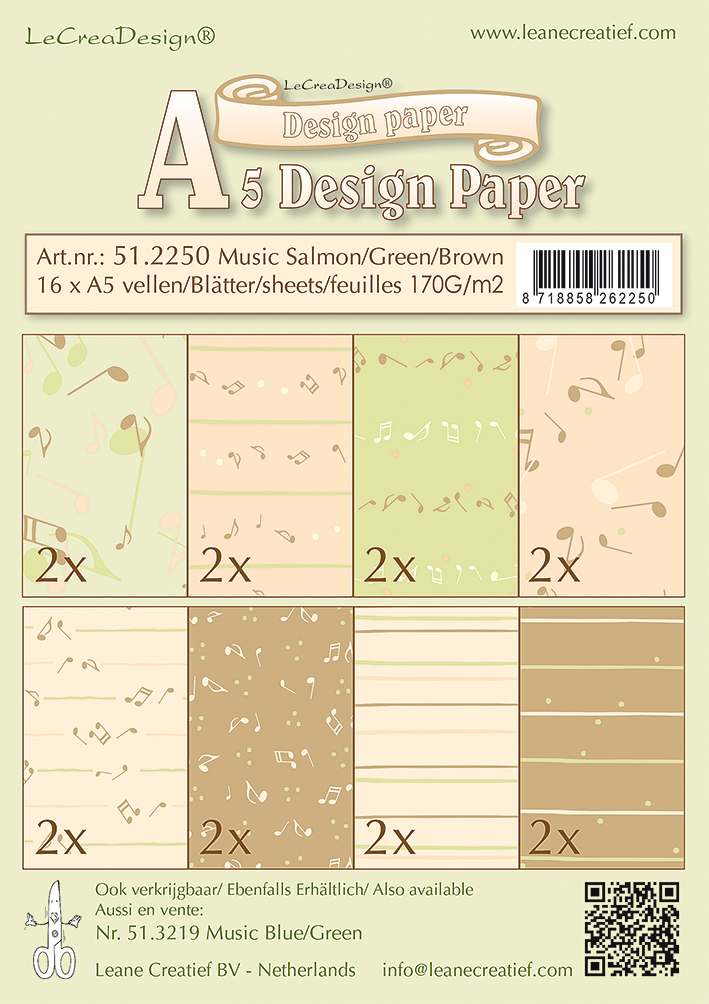 Leane Creatief Design Paper Assortment Music A5 Salmon, Green and Brown SALE