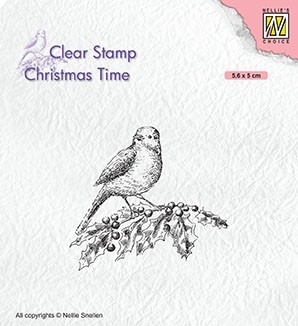 Nellie Snellen Clear Stamp Christmas Time - Bird on Hollybranch