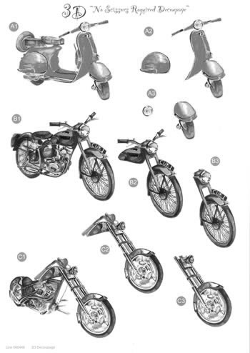Monochrome Die Cut 3D Card - Motorcycles (10 Sheets)